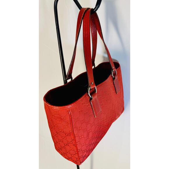 Gucci GG Canvas Red Tote Bag Leather Trim Top Handle Shoulder – Medium - Picture 3 of 9